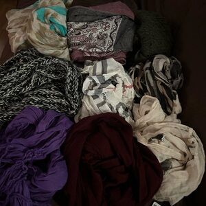 9 different scarfs, different colors, different brands